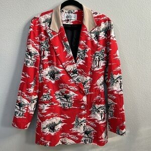 Vintage 80s Swiss Alps Ski Resort AOP Winter Scene Red Festive Blazer, size 10